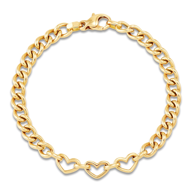 Main Image 2 of Italia D'Oro Heart Station Curb Chain Bracelet 14K Yellow Gold 7.5"