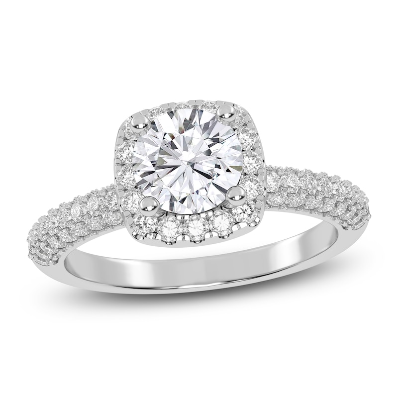 Main Image 1 of Round-Cut Lab-Grown Diamond Cushion Halo Engagement Ring 1-1/4 ct tw 14K White Gold