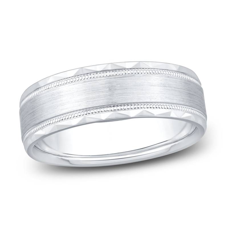 Main Image 1 of Men's Brushed Center Milgrain Wedding Band 14K White Gold 7mm