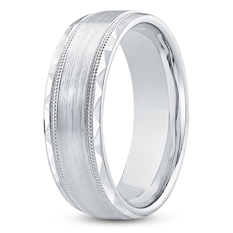 Main Image 2 of Men's Brushed Center Milgrain Wedding Band 14K White Gold 7mm