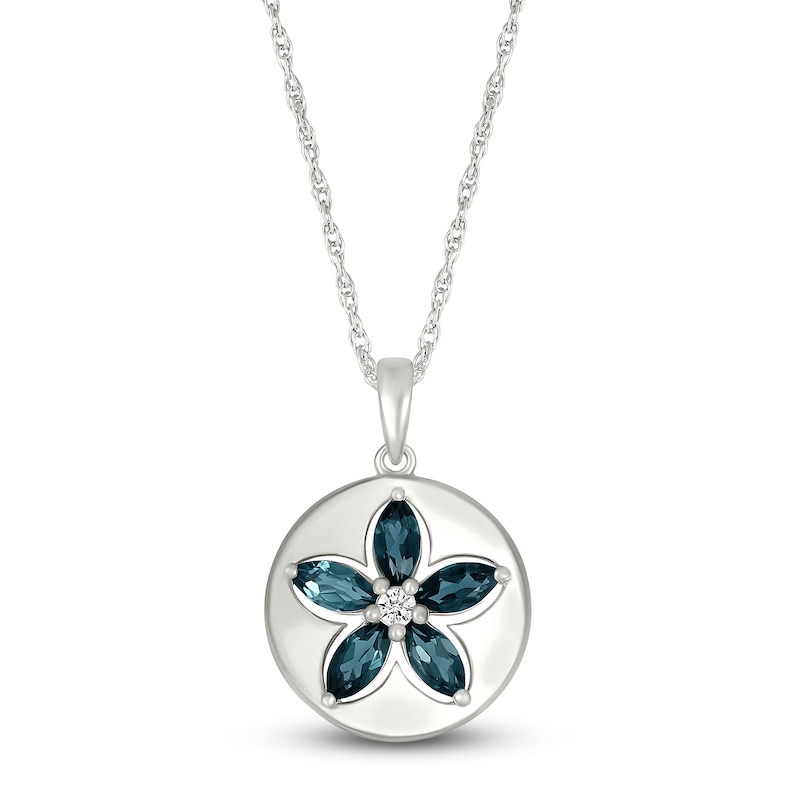 Main Image 1 of Marquise-Cut Natural London Blue Topaz & White Lab-Created Sapphire Flower Necklace Sterling Silver 18"