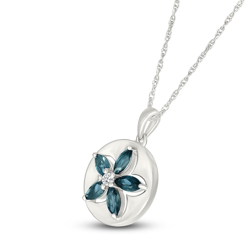 Main Image 2 of Marquise-Cut Natural London Blue Topaz & White Lab-Created Sapphire Flower Necklace Sterling Silver 18"