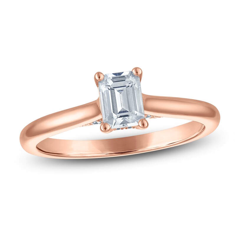 Main Image 1 of Emerald-Cut Lab-Grown Diamond Solitaire Plus Engagement Ring 7/8 ct tw 18K Rose Gold (VS2/F)
