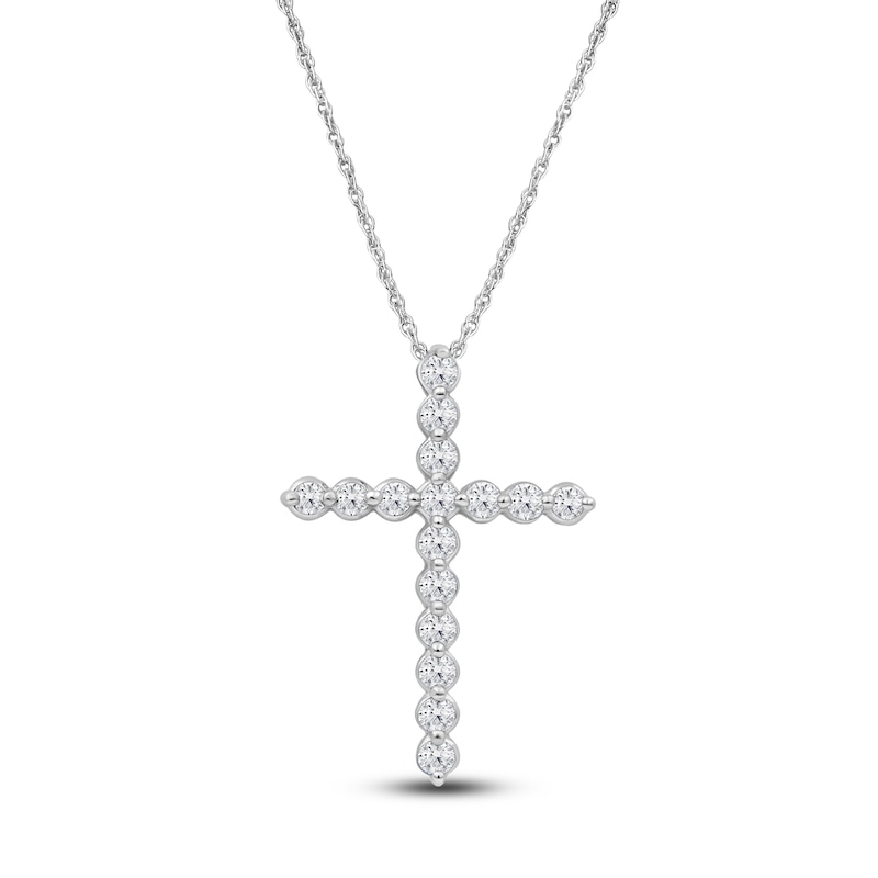Main Image 1 of Lab-Grown Diamond Cross Necklace 1 ct tw 14K White Gold 18"