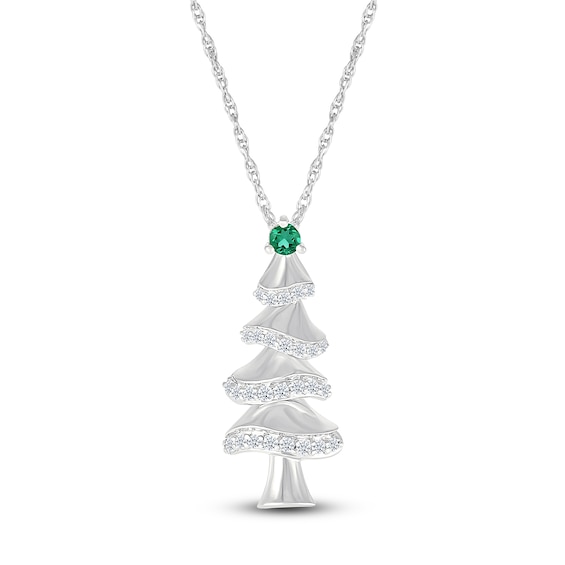 Lab-Created Emerald & White Lab-Created Sapphire Christmas Tree Sterling Silver 18"