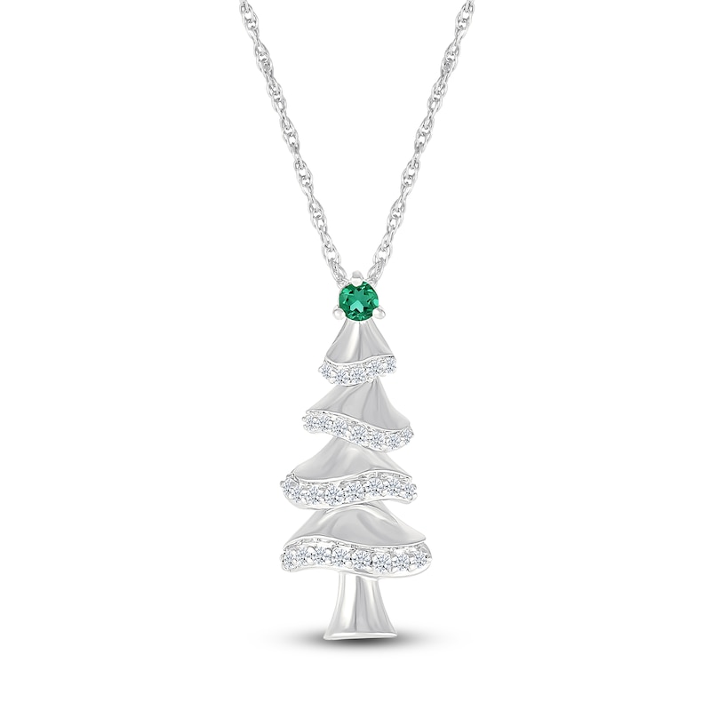 Lab-Created Emerald & White Lab-Created Sapphire Christmas Tree Sterling Silver 18"