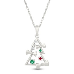 Lab-Created Gemstone Christmas Tree Necklace with Bows Sterling Silver 18"