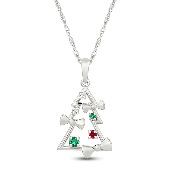 Lab-Created Gemstone Christmas Tree Necklace with Bows Sterling Silver 18"