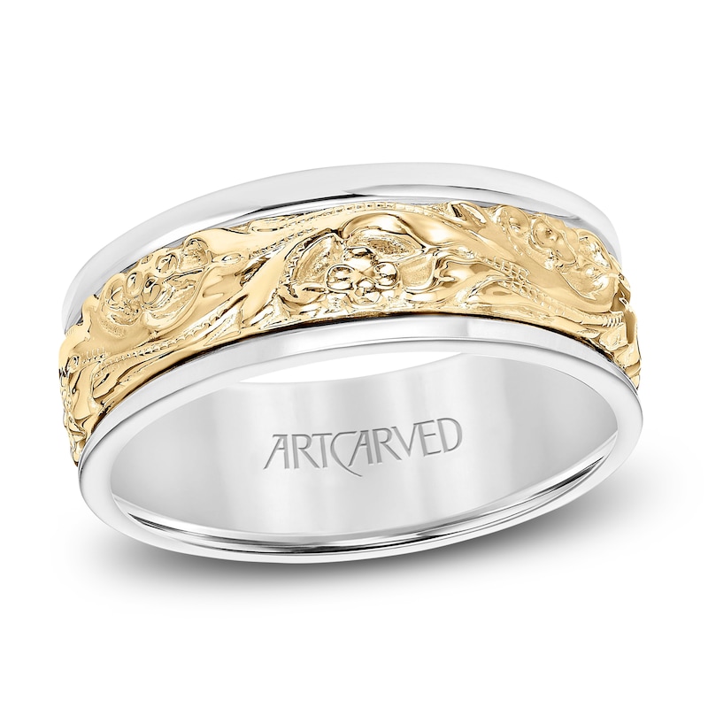 Main Image 1 of ArtCarved Men's Engraved Wedding Band 14K Two-Tone Gold 8mm