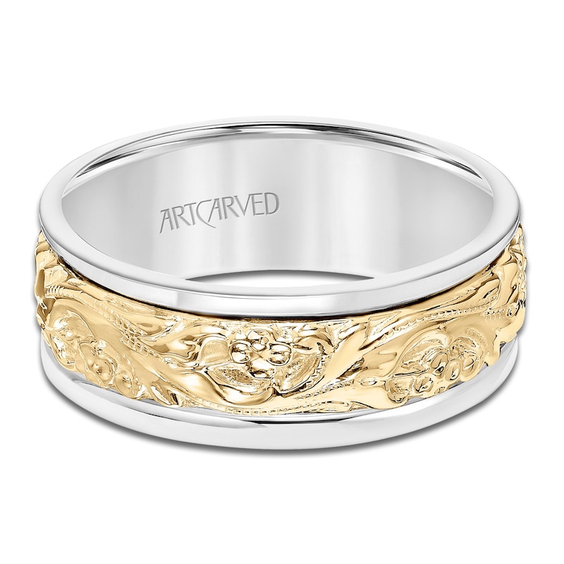 Main Image 3 of ArtCarved Men's Engraved Wedding Band 14K Two-Tone Gold 8mm