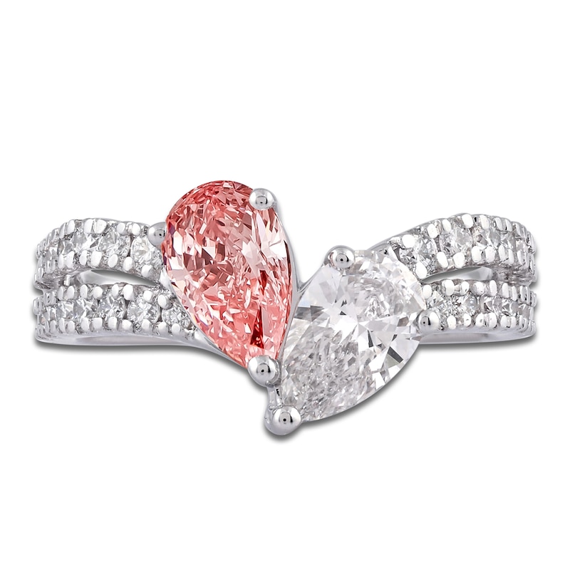 Main Image 3 of Pear-Shaped Pink & White Lab-Grown Diamond Fashion Ring 2 ct tw 14K White Gold
