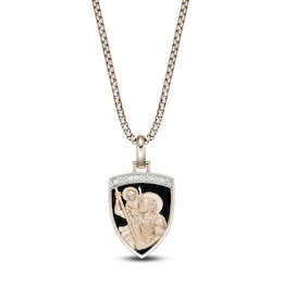Men's Natural Black Onyx & Diamond Saint Christopher Shield Necklace 1/10 ct tw 14K Yellow Gold-Plated Sterling Silver 24"