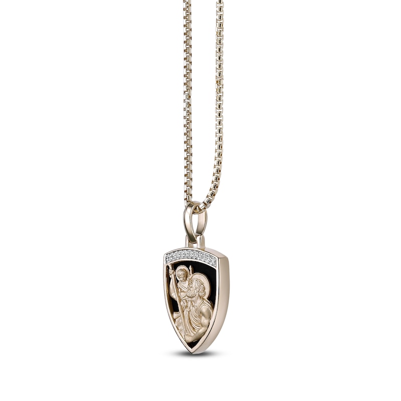 Main Image 2 of Men's Natural Black Onyx & Diamond Saint Christopher Shield Necklace 1/10 ct tw 14K Yellow Gold-Plated Sterling Silver 24"
