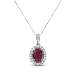 Oval-Cut Natural Ruby & Diamond Halo Necklace 1/6 ct tw 14K White Gold 18"