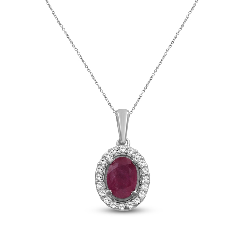 Main Image 1 of Oval-Cut Natural Ruby & Diamond Halo Necklace 1/6 ct tw 14K White Gold 18"