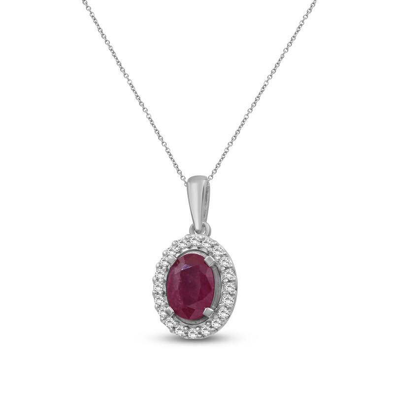 Main Image 2 of Oval-Cut Natural Ruby & Diamond Halo Necklace 1/6 ct tw 14K White Gold 18"