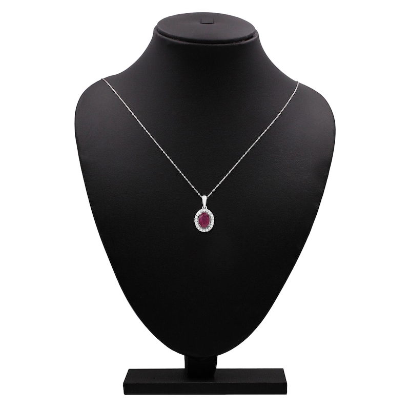 Main Image 5 of Oval-Cut Natural Ruby & Diamond Halo Necklace 1/6 ct tw 14K White Gold 18"