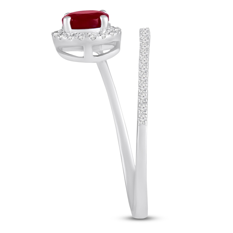 Main Image 2 of Natural Ruby & Diamond Halo Deconstructed Ring 1/6 ct tw 10K White Gold