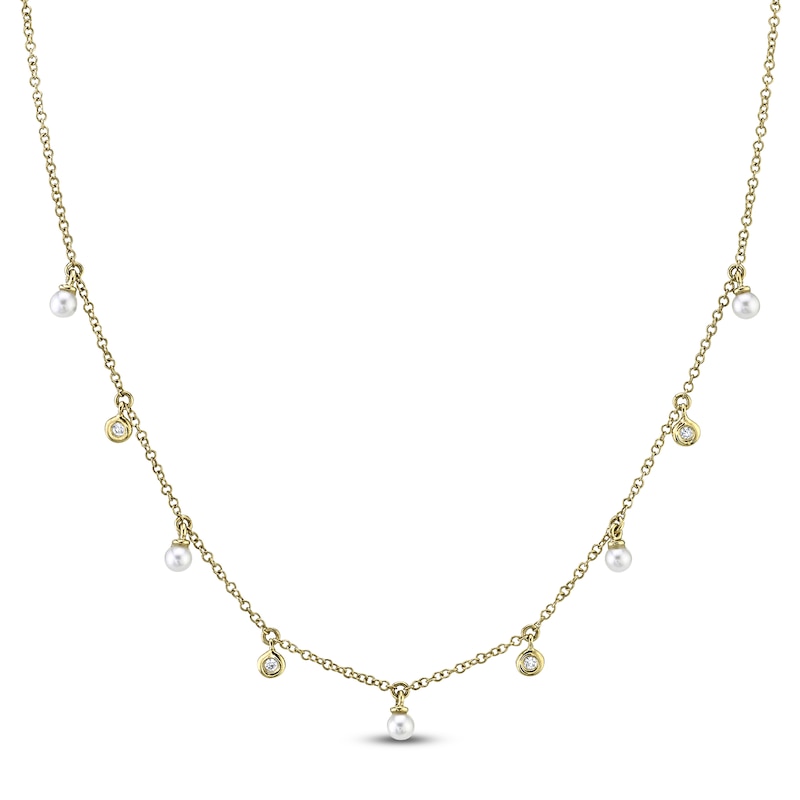 Main Image 1 of Shy Creation Cultured Pearl & Diamond Accent Dangle Station Necklace 14K Yellow Gold 18"