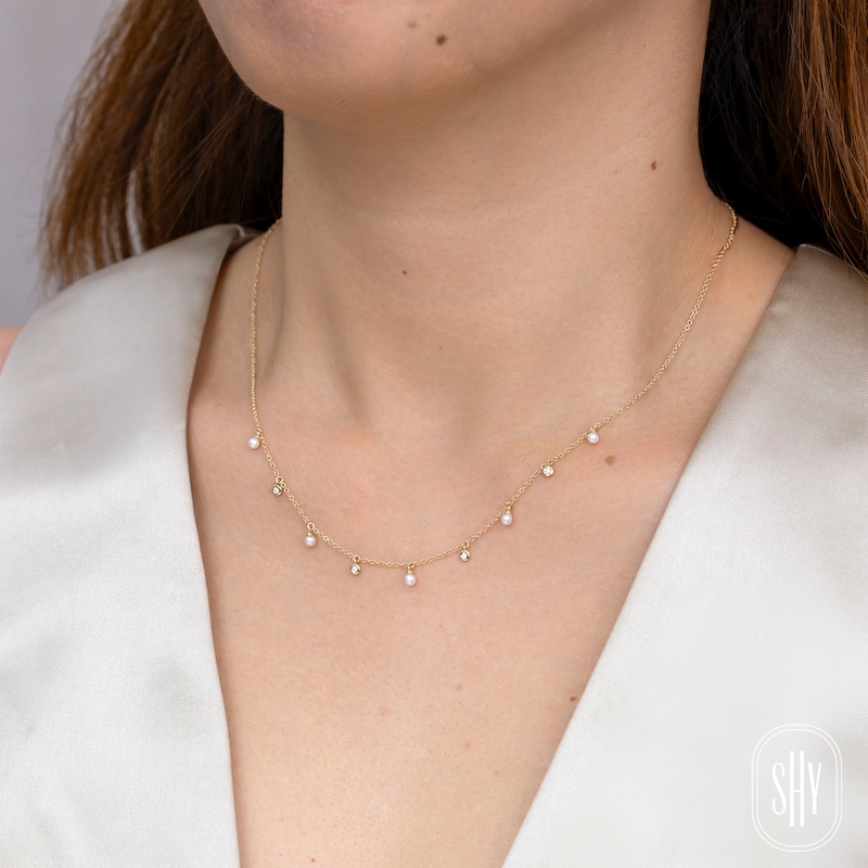 Main Image 5 of Shy Creation Cultured Pearl & Diamond Accent Dangle Station Necklace 14K Yellow Gold 18"