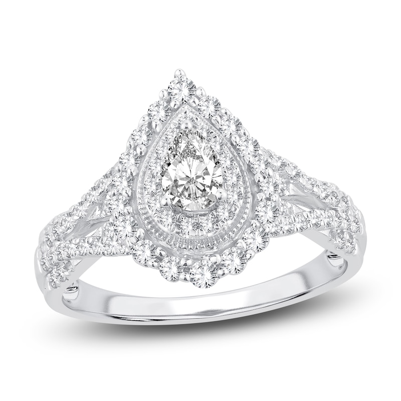 Main Image 1 of Diamond Double Halo Ring 3/4 ct tw Pear/Round 14K White Gold