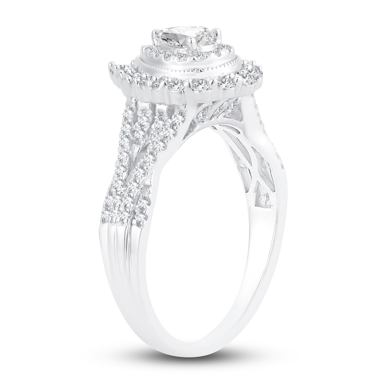 Main Image 2 of Diamond Double Halo Ring 3/4 ct tw Pear/Round 14K White Gold