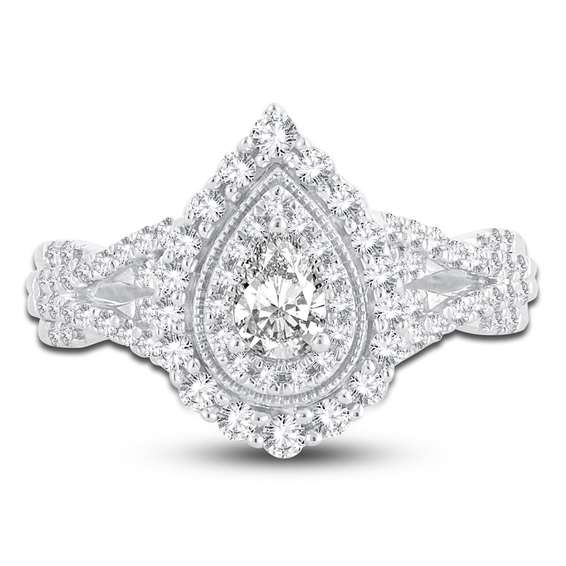 Main Image 3 of Diamond Double Halo Ring 3/4 ct tw Pear/Round 14K White Gold
