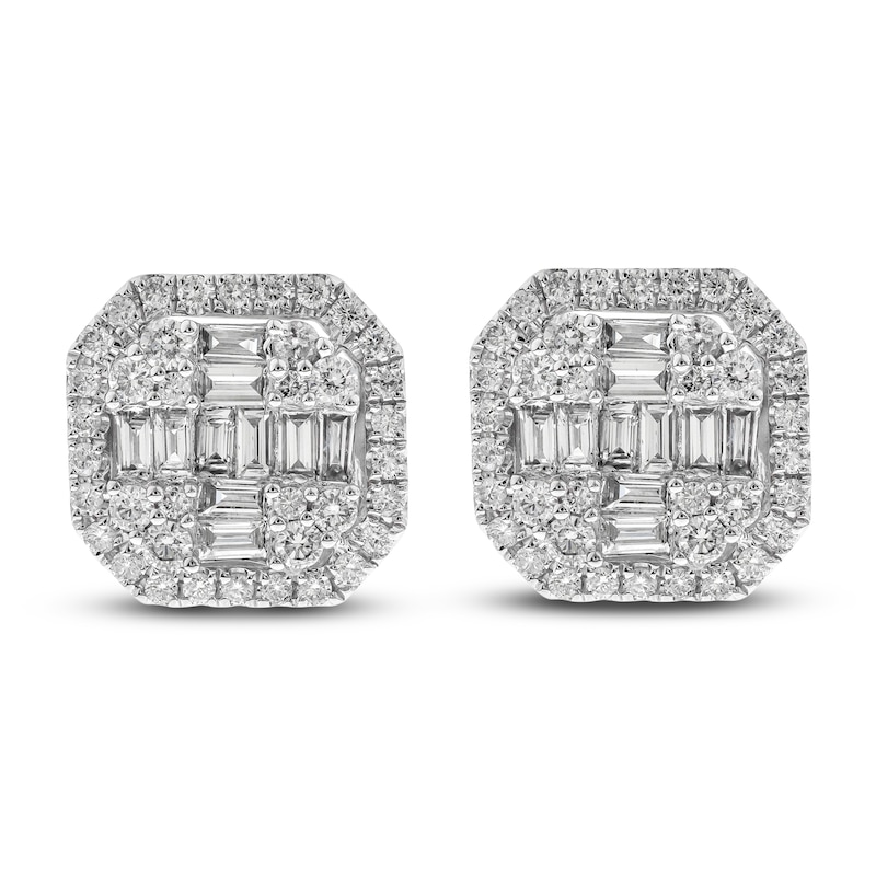 Main Image 1 of Diamond Stud Earrings 1-1/4 ct tw Round/Baguette 14K White Gold