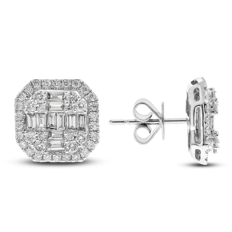 Main Image 2 of Diamond Stud Earrings 1-1/4 ct tw Round/Baguette 14K White Gold
