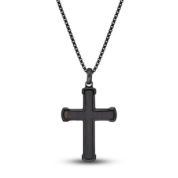 Men's Black Wood Cross Necklace Black Ion-Plated Stainless Steel 24"