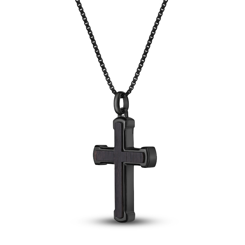 Main Image 2 of Men's Black Wood Cross Necklace Black Ion-Plated Stainless Steel 24"