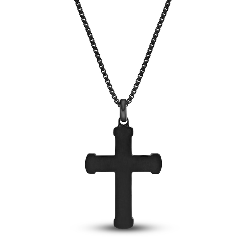 Main Image 3 of Men's Black Wood Cross Necklace Black Ion-Plated Stainless Steel 24"