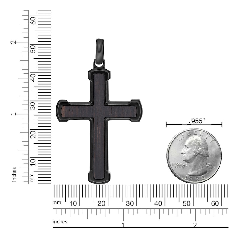 Main Image 4 of Men's Black Wood Cross Necklace Black Ion-Plated Stainless Steel 24"