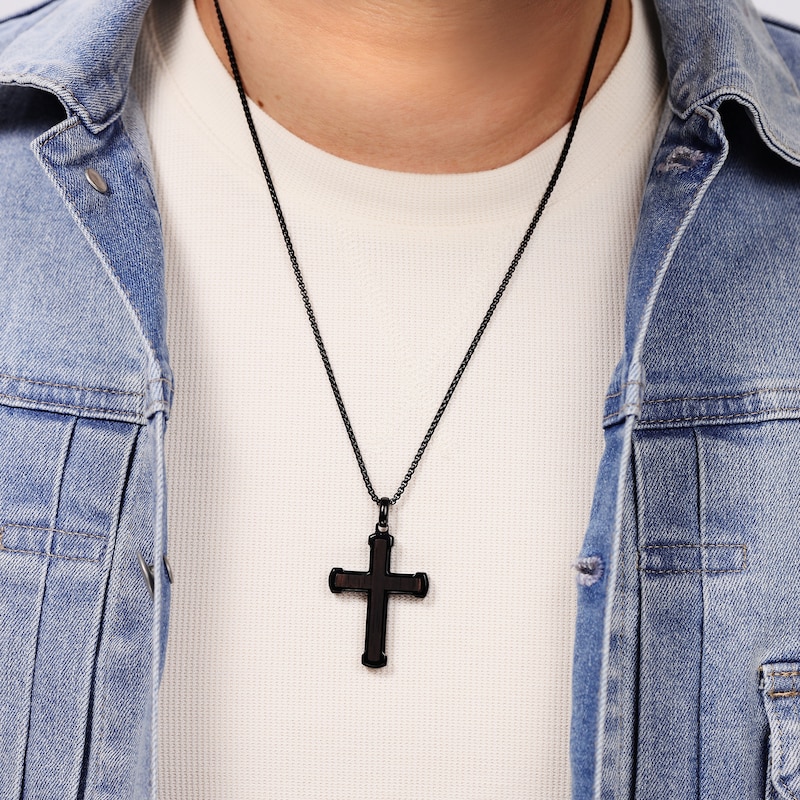 Main Image 5 of Men's Black Wood Cross Necklace Black Ion-Plated Stainless Steel 24"