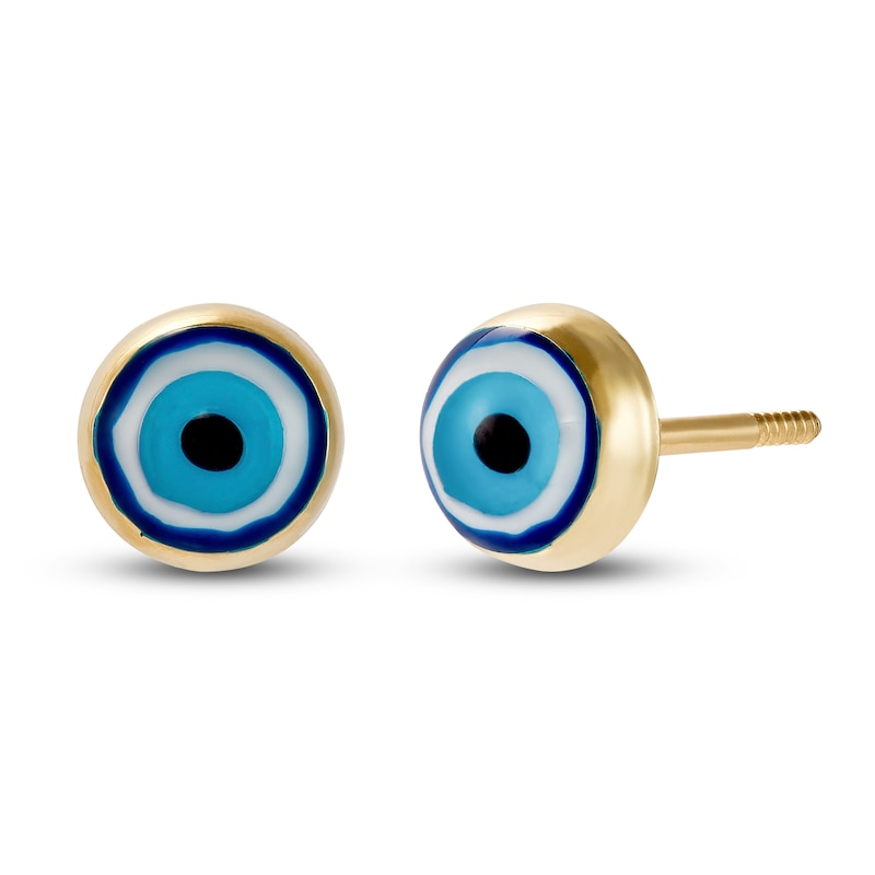 Main Image 1 of Glass Evil Eye Earrings Blue/White/Black Enamel 14K Yellow Gold