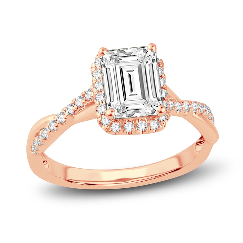 Main Image 1 of Lab-Grown Diamond Engagement Ring 2-1/3 ct tw Emerald/Round 14K Rose Gold
