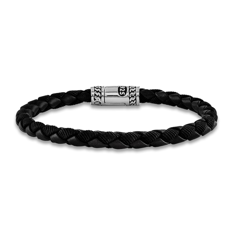 Main Image 1 of 1933 by Esquire Men's Black Leather Bracelet Sterling Silver 8.5"