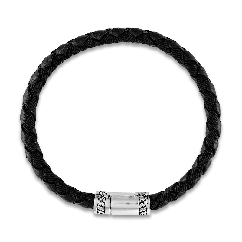 Main Image 2 of 1933 by Esquire Men's Black Leather Bracelet Sterling Silver 8.5"