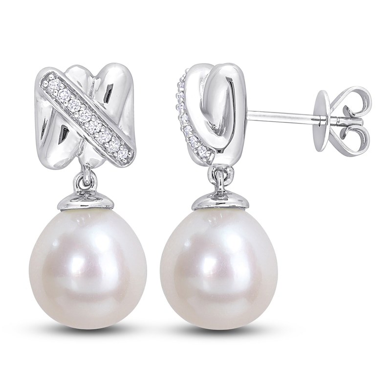 Y-Knot Freshwater Cultured Pearl Dangle Earrings 1/15 ct tw Diamonds 14K White Gold