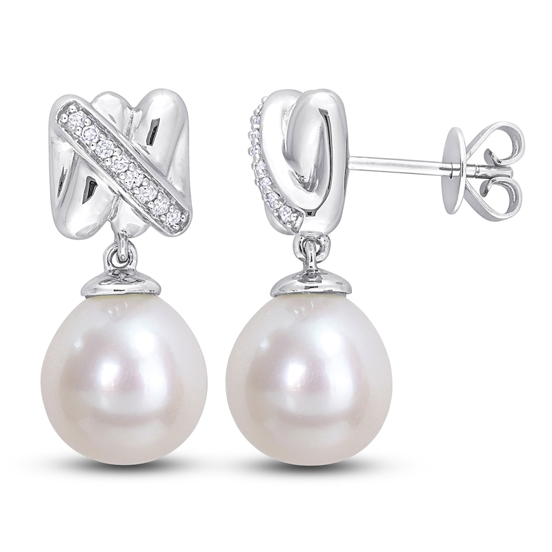 Main Image 1 of Y-Knot Freshwater Cultured Pearl Dangle Earrings 1/15 ct tw Diamonds 14K White Gold