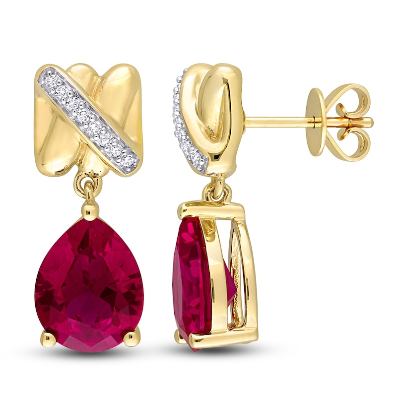 Main Image 1 of Y-Knot Lab-Created Ruby Earrings 1/15 Diamonds 14K Yellow Gold
