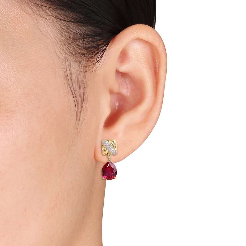 Y-Knot Lab-Created Ruby Earrings 1/15 Diamonds 14K Yellow Gold
