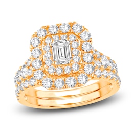 Diamond Double Halo Bridal Set 2 ct tw Emerald/Round 14K Yellow Gold