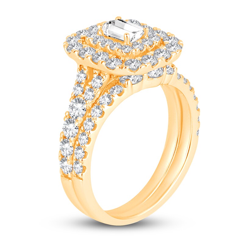 Main Image 2 of Diamond Double Halo Bridal Set 2 ct tw Emerald/Round 14K Yellow Gold