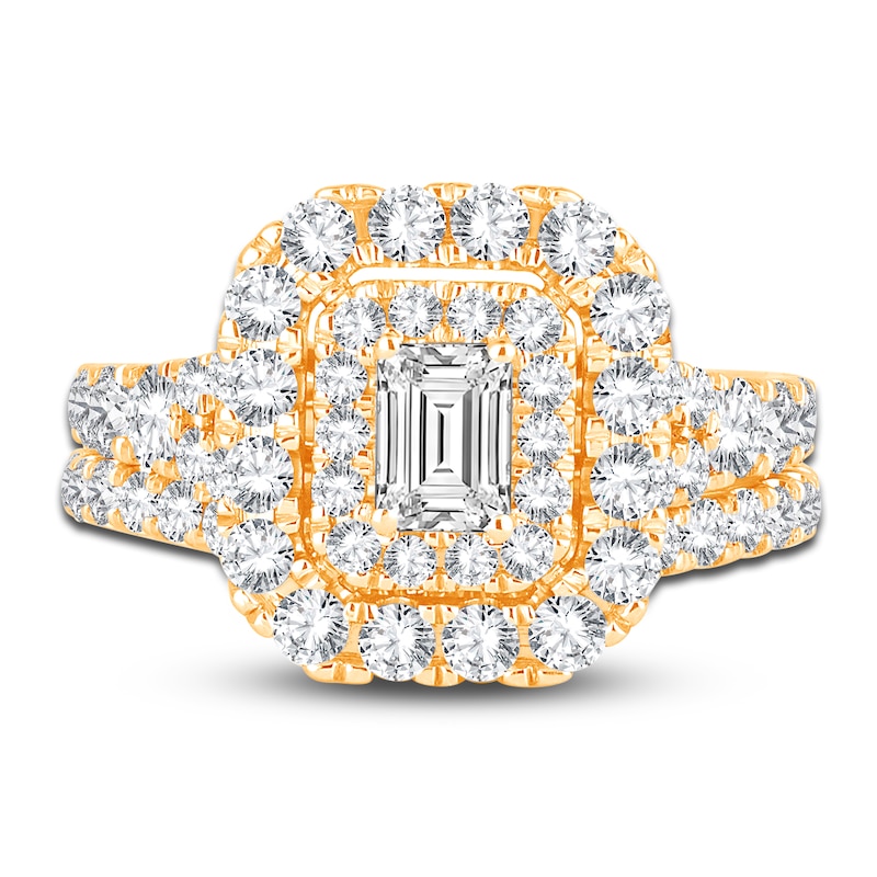 Main Image 3 of Diamond Double Halo Bridal Set 2 ct tw Emerald/Round 14K Yellow Gold