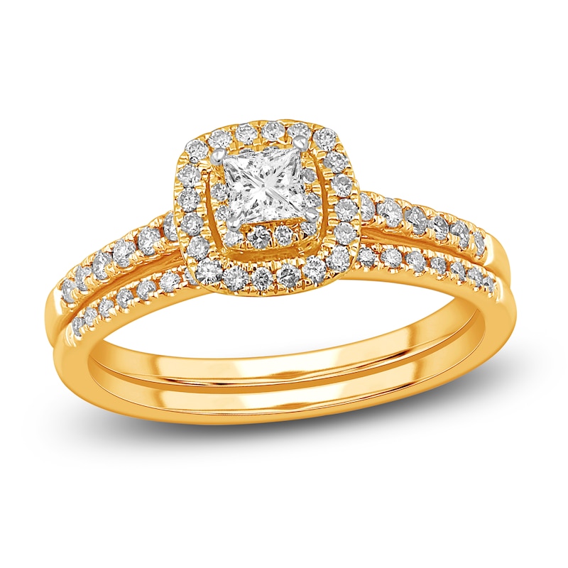 Main Image 1 of Diamond Double Halo Bridal Set 1/2 ct tw Princess/Round 14K Yellow Gold
