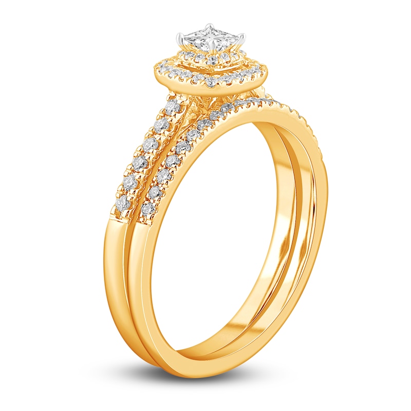 Main Image 2 of Diamond Double Halo Bridal Set 1/2 ct tw Princess/Round 14K Yellow Gold