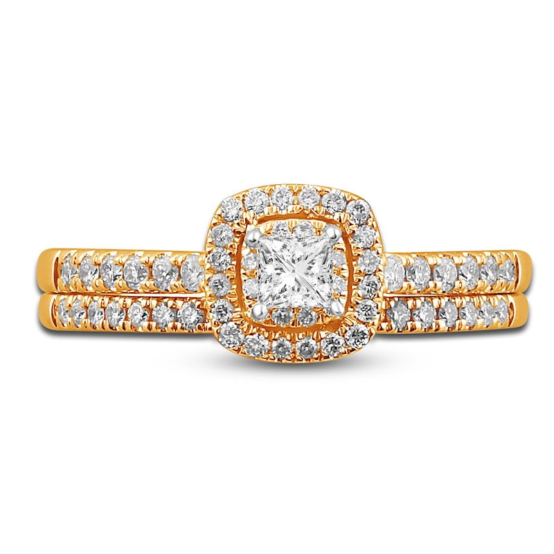 Main Image 3 of Diamond Double Halo Bridal Set 1/2 ct tw Princess/Round 14K Yellow Gold