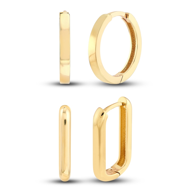 Oblong & Square Huggie Hoop Earring Set 14K Yellow Gold