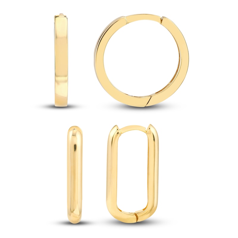 Oblong & Square Huggie Hoop Earring Set 14K Yellow Gold